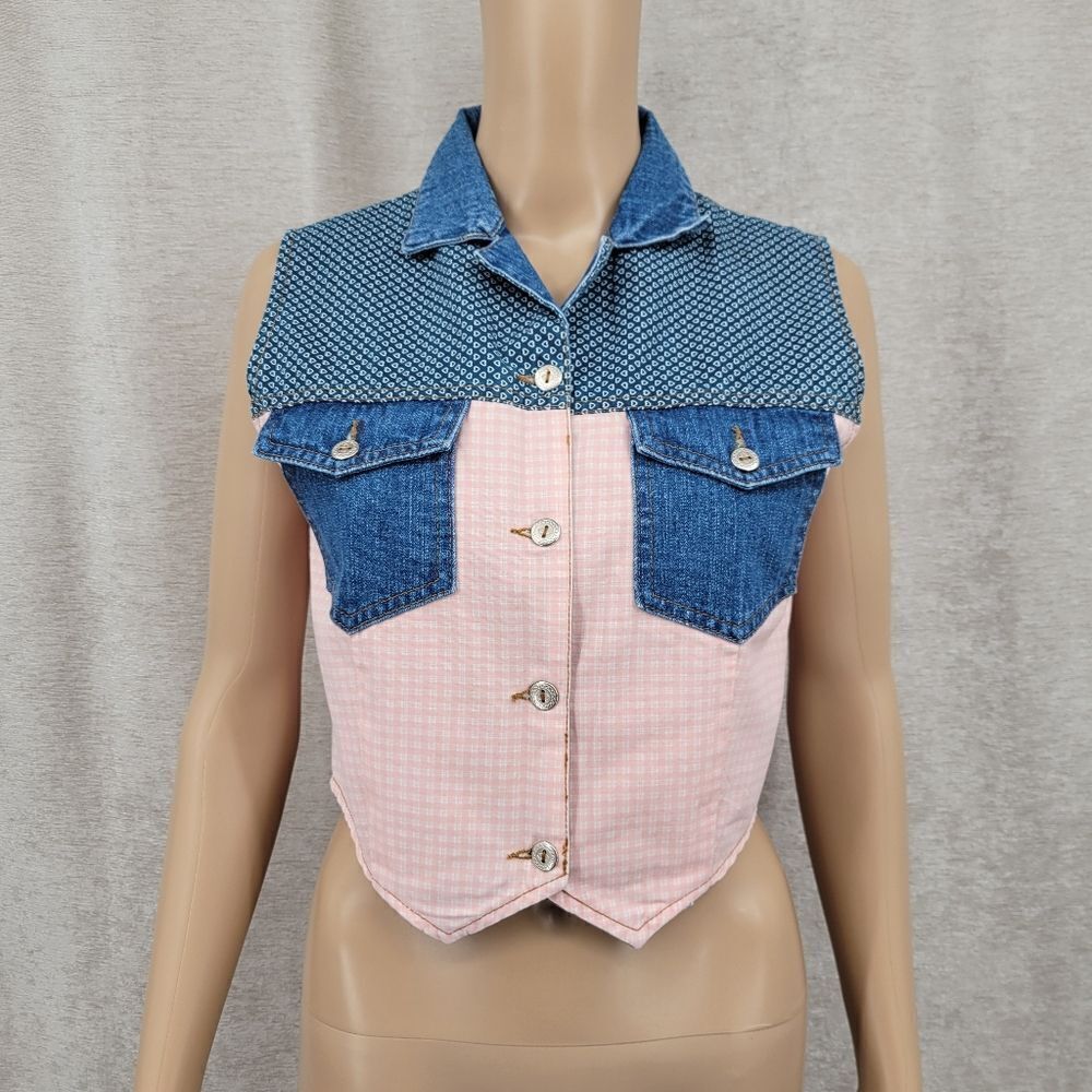 Steel Vintage Denim and Pink Gingham Sleeveless Crop Top Western Open Back
